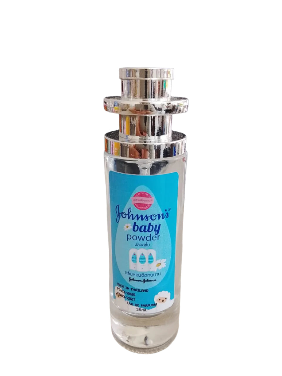 Johnson's Baby Powder bottle on a surface with a blurred background