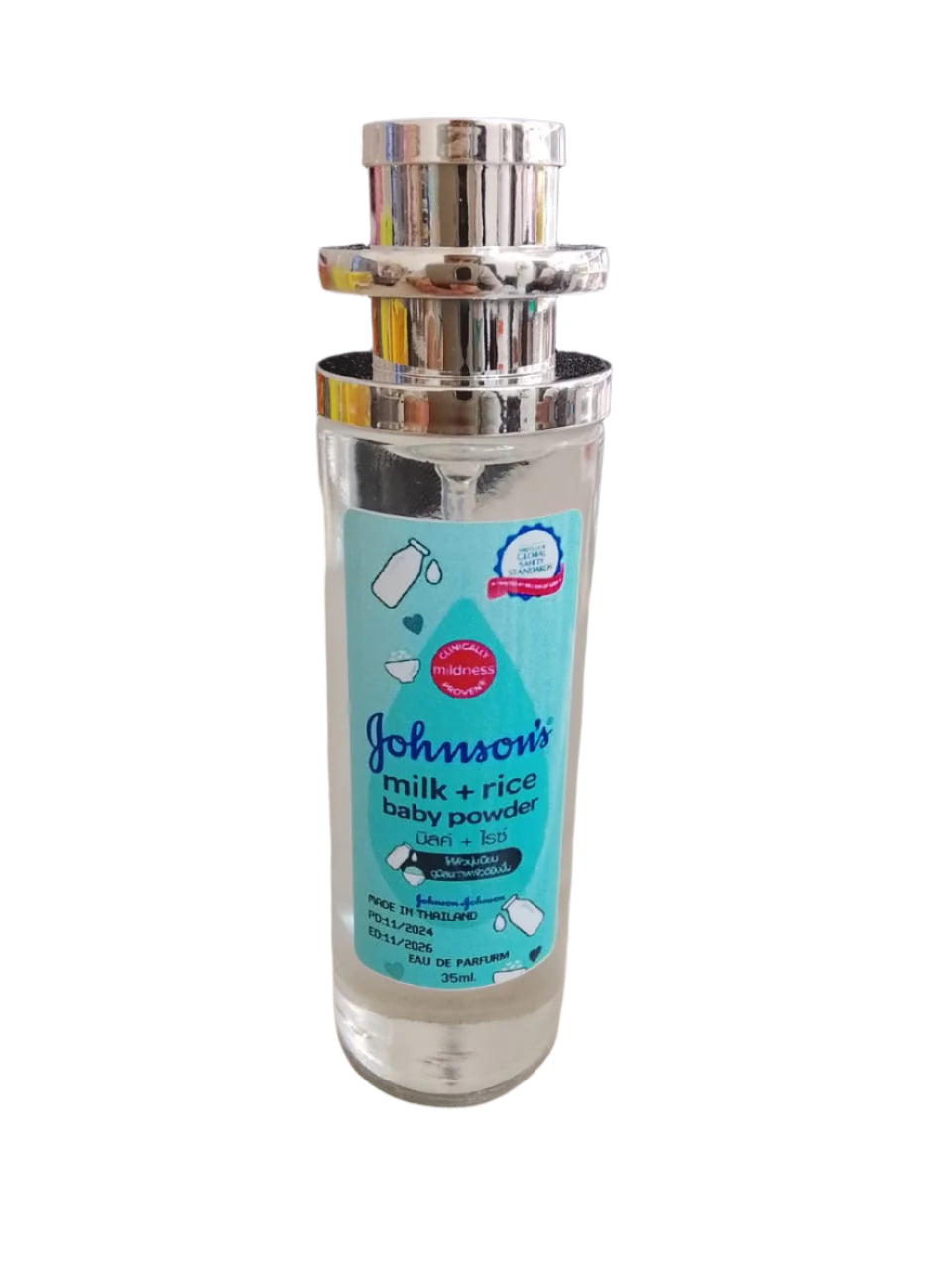 Johnson's milk + rice baby powder bottle on a surface with a blurred background